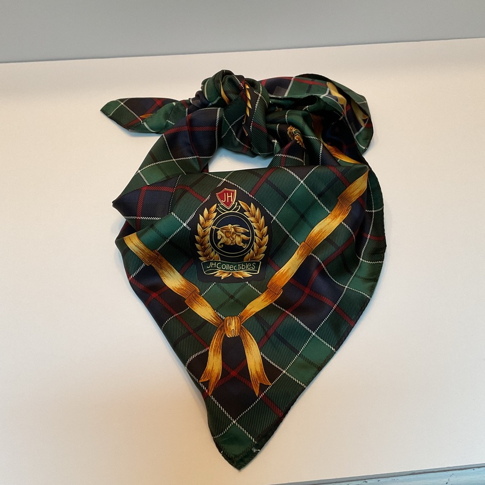 Vintage JH Collectibles 100% Silk Green Plaid Classic Preppy Equestrian Scarf